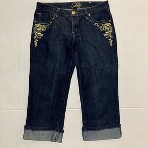 WCKD Size 7 X 20.5 GOLD EMBROIDERED COTTON BLEND DENIM CAPRI FOLDED HEM Dark